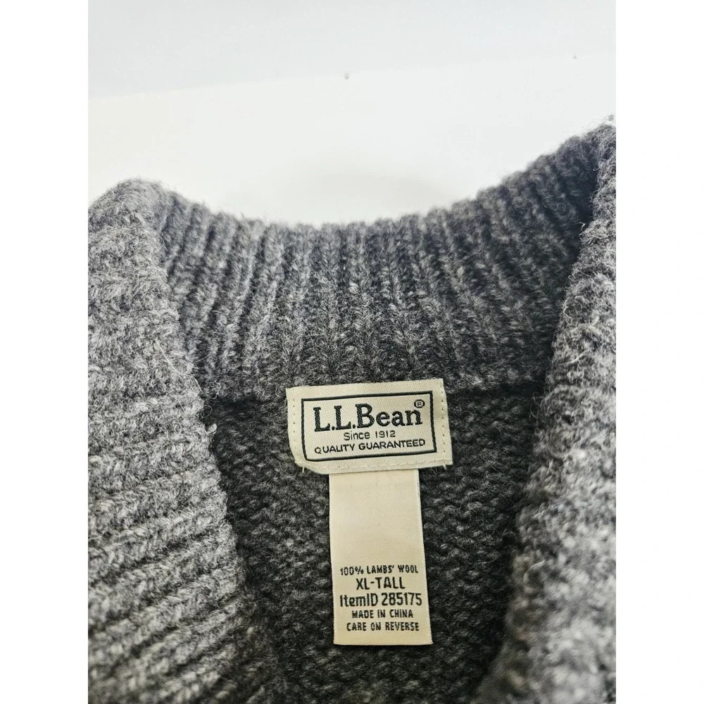 LL Bean 100% Lambs Wool Sweater Mens XL Tall Gray Ragg Henley Knit Pullover